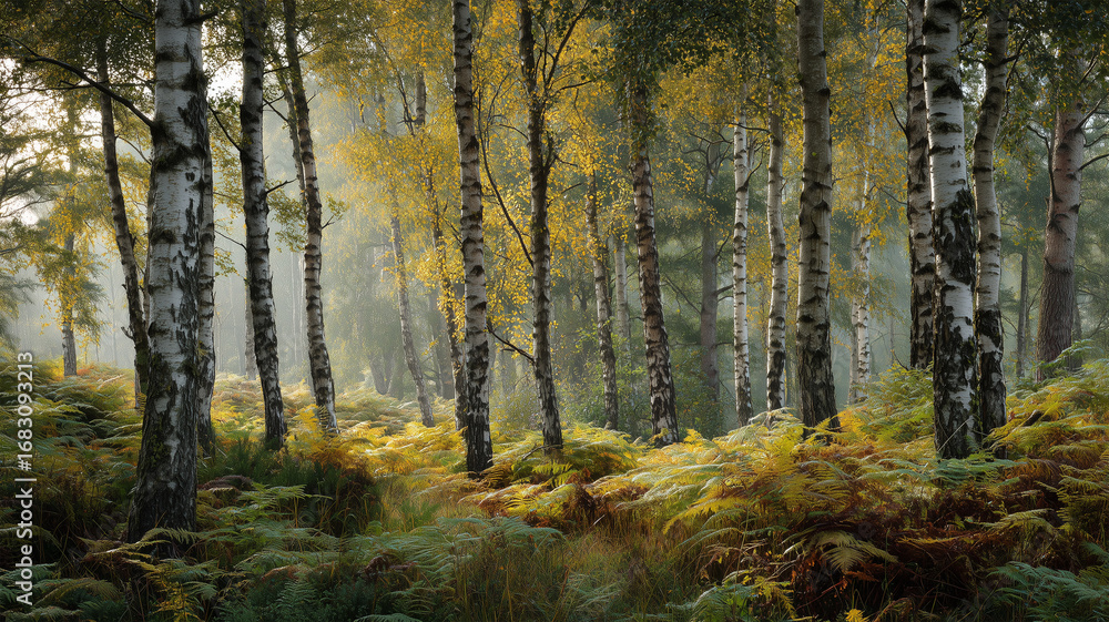 Obraz premium 初秋の白樺林を染めるやわらかな木漏れ日の光