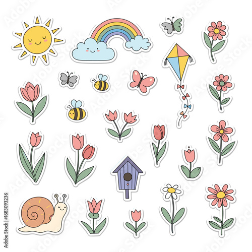 Charming springtime elements featuring flowers butterflies rainbow kite snail sun and birdhouse decorations
