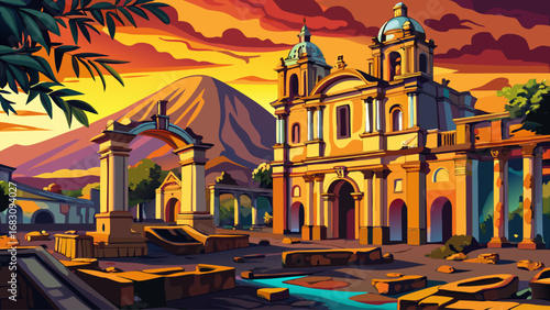 La Antigua Cathedral ruins, Guatemala, reveal arches, columns, and weathered stone walls bathed in golden dusk. Semi-realistic flat vector emphasizing historical depth,