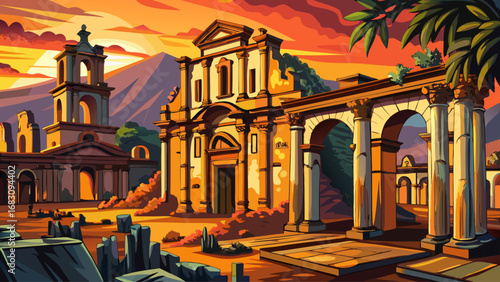 La Antigua Cathedral ruins, Guatemala, reveal arches, columns, and weathered stone walls bathed in golden dusk. Semi-realistic flat vector emphasizing historical depth,