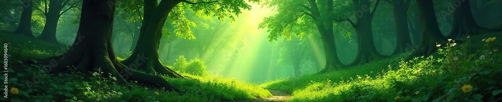 Fototapeta premium Magical Dappled Sunlight in a Lush Green Forest Perfect Fantasy & Fairytale Background