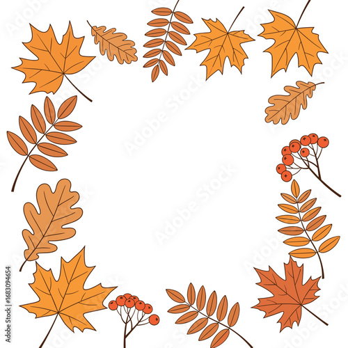 Autumn leaf border design with maple and oak leaves and rowan berries