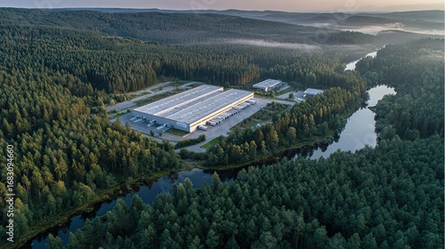 Aerial view of a large industrial facility surrounded by dense forests and a river, showcasing nature and industry coexisting harmoniously.