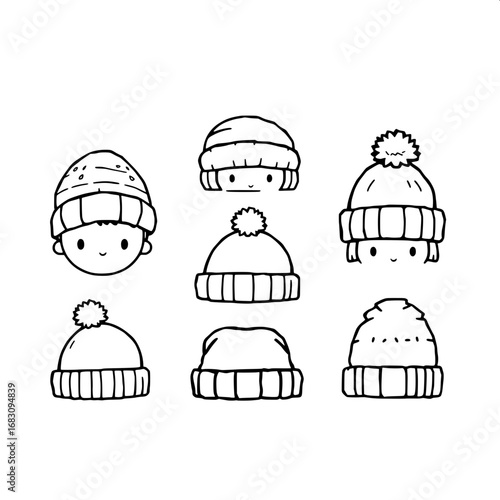 Cartoon doodle set of 9 diverse winter hats in silhouette clipart style with rough sketch lines featuring a variety of children and adults cozy headwear including beanies toques and fedoras in a simpl
