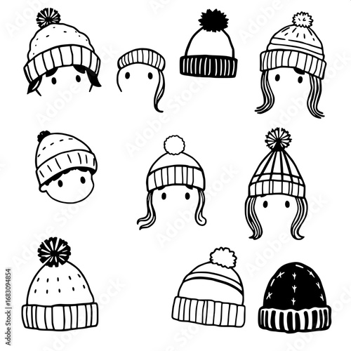 Cartoon doodle set of 9 diverse winter hats in silhouette clipart style with rough sketch lines featuring a variety of children and adults cozy headwear including beanies toques and fedoras in a simpl