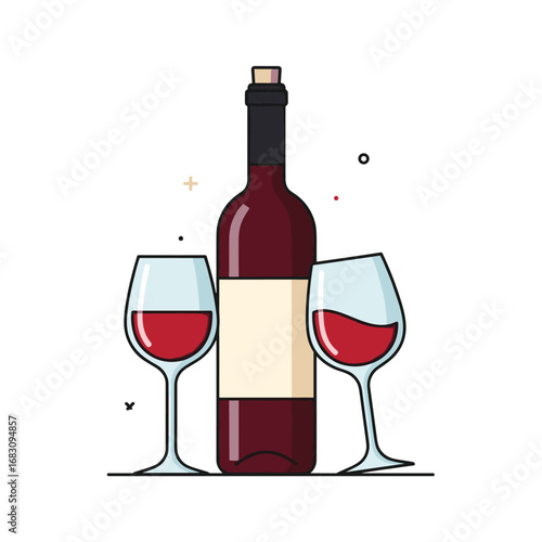 Two glasses of red wine with bottle illustration celebrating beverage and food pairing