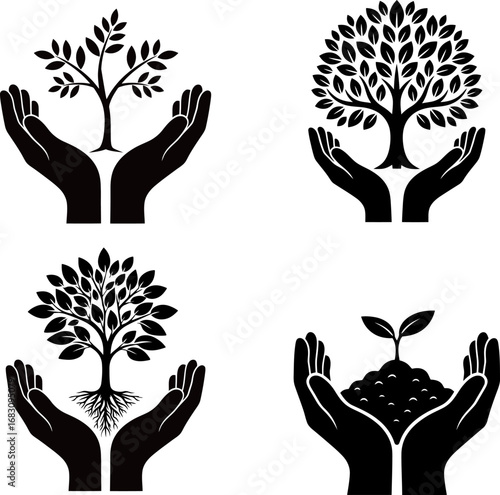 silhouette of nurturing hands holding growing plants and trees symbolizing care, sustainability, growth, and environment