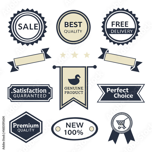 A collection of various vintage-style, graphic design elements.  The elements include ribbons, badges, and labels, all in a combination of dark navy blue and goldbeige colors.  The elements feature di