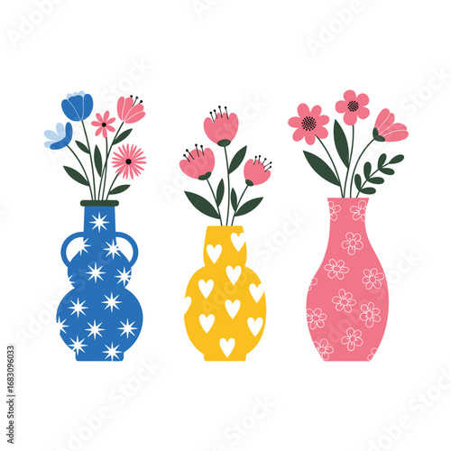 Three colorful vases filled with delicate blossoms creating a cheerful floral display