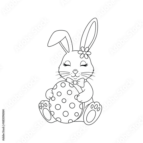 Charming easter bunny holding a polka dot egg with a flower on its ear