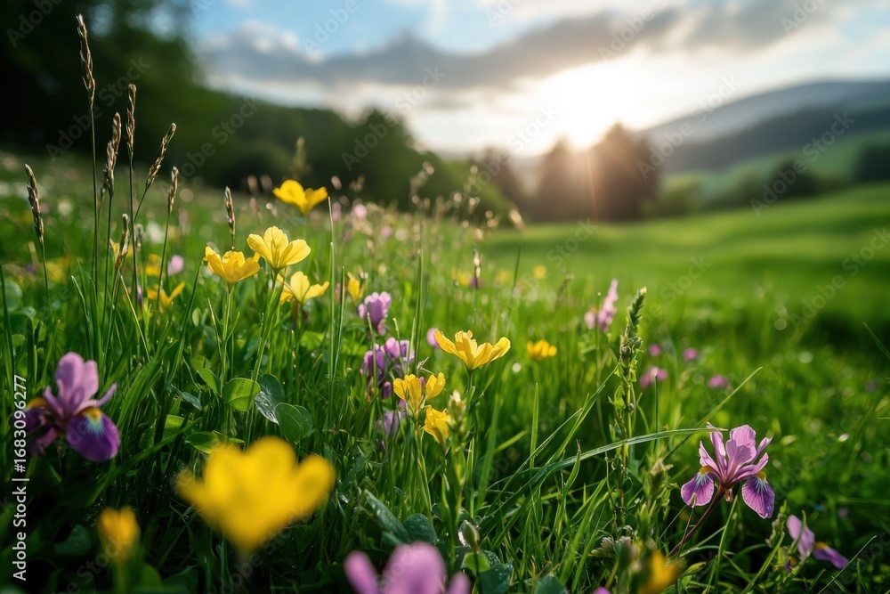 Obraz premium Vibrant spring meadow filled with yellow and purple wildflowers under bright sun with soft clouds and distant hills creating peaceful and fresh natural landscape