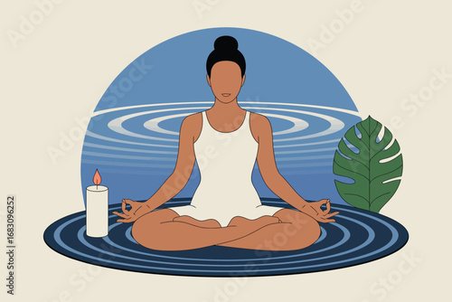 Woman in white dress meditating on a blue circle mat with a candle and a leaf in the background