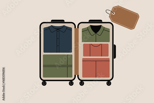 Illustration of two suitcases packed with folded clothes and a tag on a light background