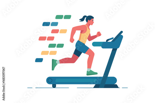 A woman with a ponytail running on a blue treadmill with colorful motion lines behind her on a white background