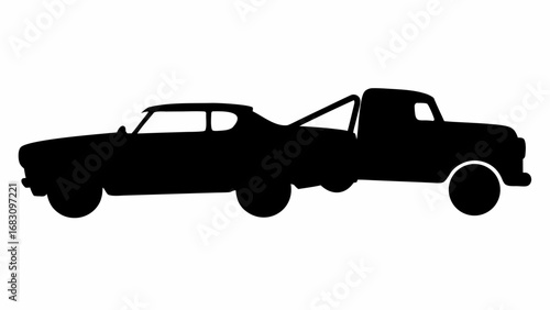 Silhouette of a classic car being towed by a tow truck depicted in a simple black and white image | editable eps vectors