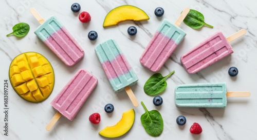 Healthy Smoothie Popsicles with Pastel Fruits on Marble Background