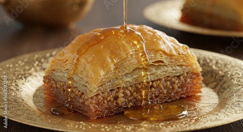 Honey-Glazed Baklava on Golden Plate