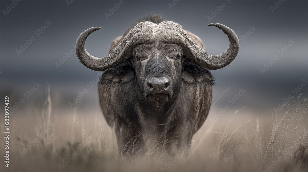 Naklejka premium 草原に立つアフリカスイギュウ正面像