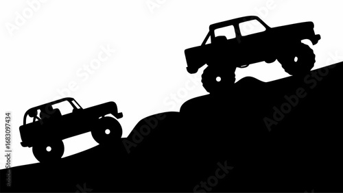 Two off road vehicles climbing a steep hill in black silhouette against a white background landscape view | editable eps vectors