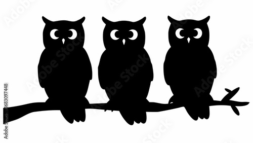Silhouette of three owls perched on a branch with prominent eyes and pointed ears in a simple design | editable eps vectors