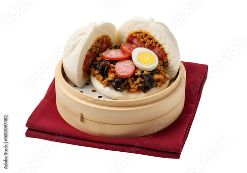 A savory bao bun filled with spiced pork, sausage, and egg, presented in a traditional bamboo steamer.