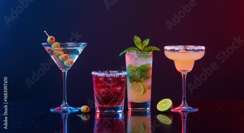 TÍTULO: Luxuosos coquetéis em bar com iluminação neon noturna