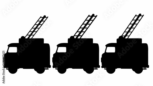 Three fire trucks in black silhouette with ladders extending upwards against a white background scene view | editable eps vectors