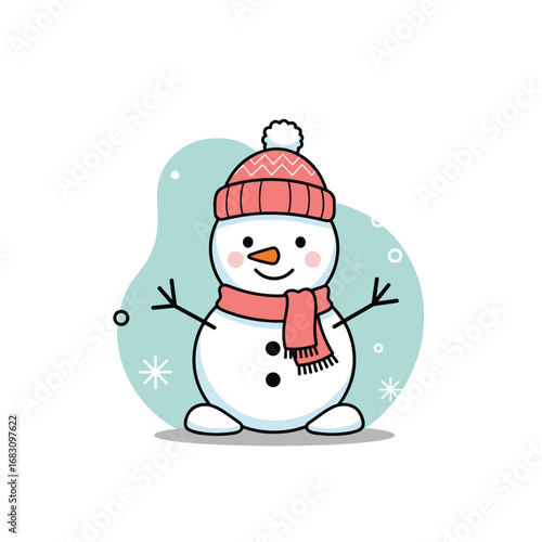 Charming cartoon snowman wearing a pink hat and scarf on a light blue background with snowflakes