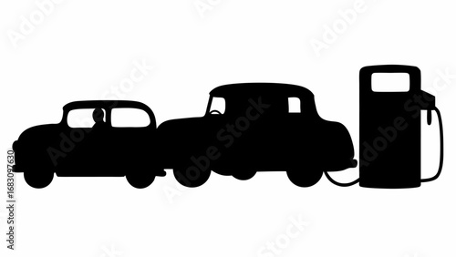 Silhouette of two vintage cars refueling at a gas pump against a white background in a graphic style | editable eps vectors