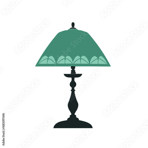 Colorful table lamp illustration with a green lampshade. Modern electric desk light icon isolated on a white background.