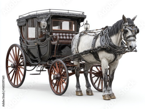 A meticulously detailed antique carriage, pulled by a majestic grey horse, is elegantly presented against a pure white background.