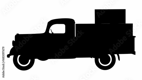 Silhouette of a vintage truck with a boxy cargo area and visible tires on a white background view side | editable eps vectors