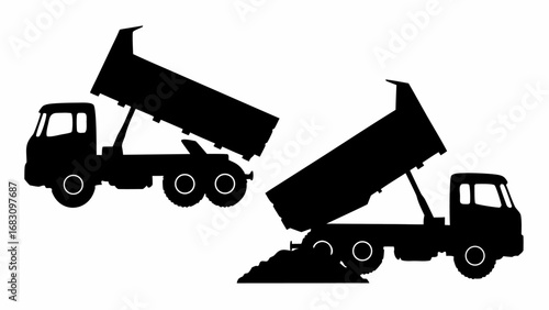 Two dump trucks in silhouette one raised and one dumping a pile of material on a white background | editable eps vectors