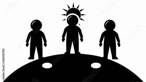 Three stick figures stand on a moon like surface with craters and a solar eclipse above the center figure | editable eps vectors silhouette