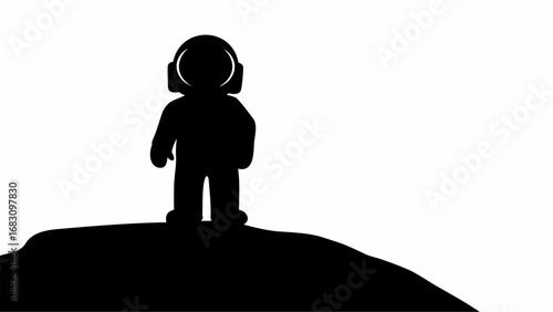Silhouette of an astronaut standing on a dark hill against a white background in a simple cartoon style | editable eps vectors
