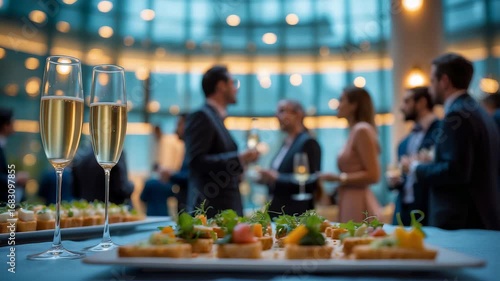 Elegant corporate networking event with champagne glasses and gourmet appetizers as business professionals gather in modern glass venue