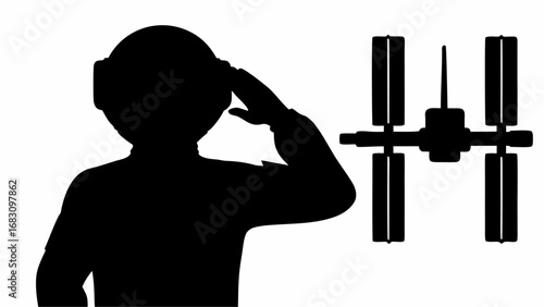 Silhouette of person wearing vr headset saluting towards a space station in black and white design | editable eps vectors