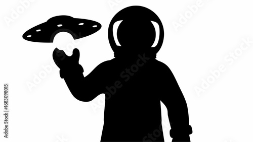 Silhouette of an astronaut with helmet holding a glowing orb under a flying saucer in a black and white scene | editable eps vectors