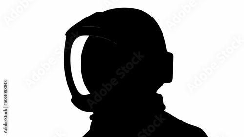 Silhouette of a person wearing a helmet with a visor and neck protection in black and white image format | editable eps vectors