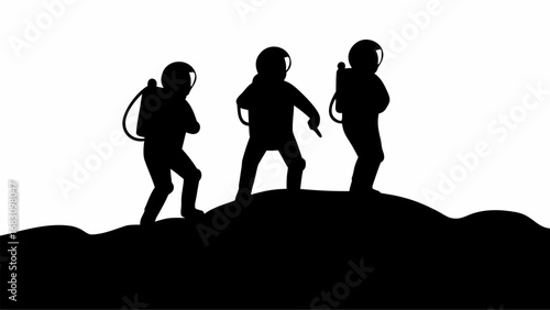 Silhouette of three astronauts walking on a dark surface against a white background in a vector graphic | editable eps vectors