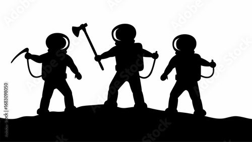 Three astronauts stand on a surface with tools in silhouette against a white background in a simple design | editable eps vectors