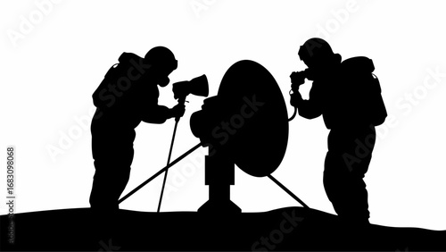 Two figures in silhouette working with equipment including a dish and tripod on a dark surface area | editable eps vectors