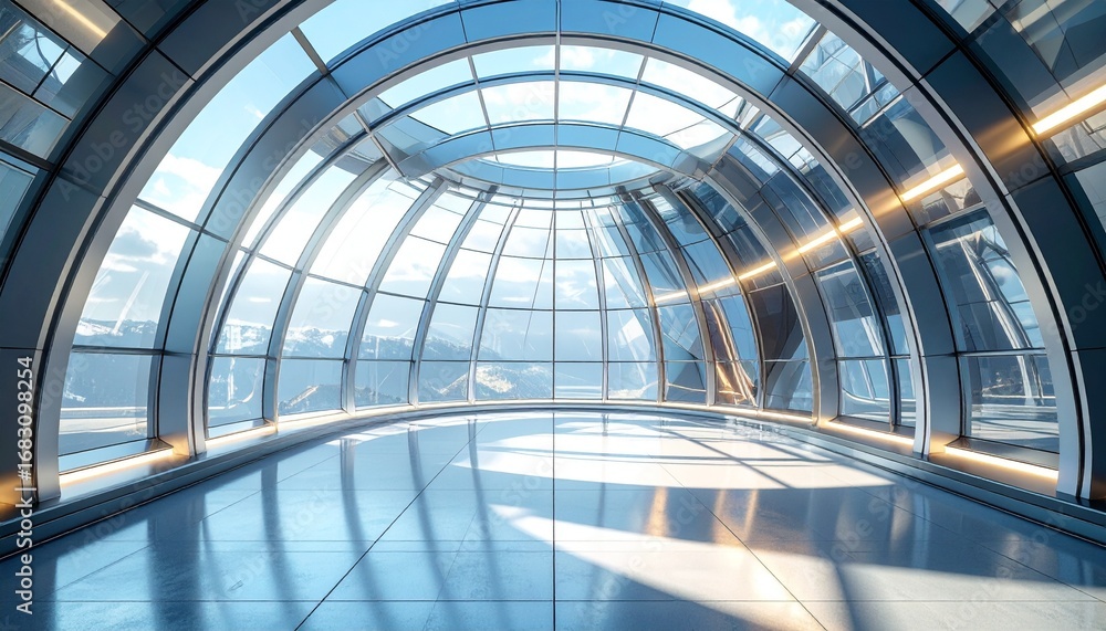 Fototapeta premium A futuristic dome interior with layered glass walls, holographic light beams, and structured metallic frames creating a clean modern aesthetic.