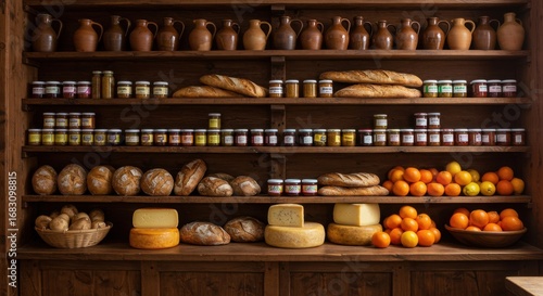 Wallpaper Mural Rustic Kitchen Pantry with Preserves, Bread, Cheese, and Fruits Torontodigital.ca