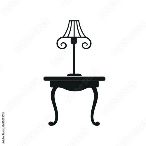 A silhouette of a table lamp on a small table, Vintage table lamp isolated on white background
