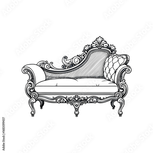Vintage sofa isolated on white, Sofa Daybed Icon on Black and White Vector Backgrounds