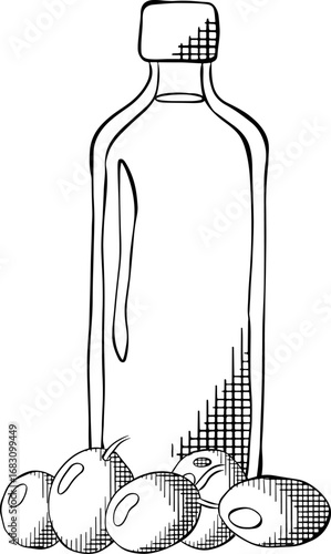 Olive oil bottle composition. Vector graphic line ink Black and white illustration. Olive oil, bottle, berries, leaves Extra virgin olive oil. texture for bedsheets, pajamas, wrapping papers.