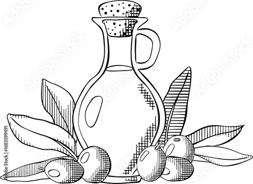 Hand-drawn olive oil bottle with berries and leaves composition. Vector graphic line Black and white ink illustration. Extra virgin olive oil. Vintage style. Sample poster, holiday banner, postcard.