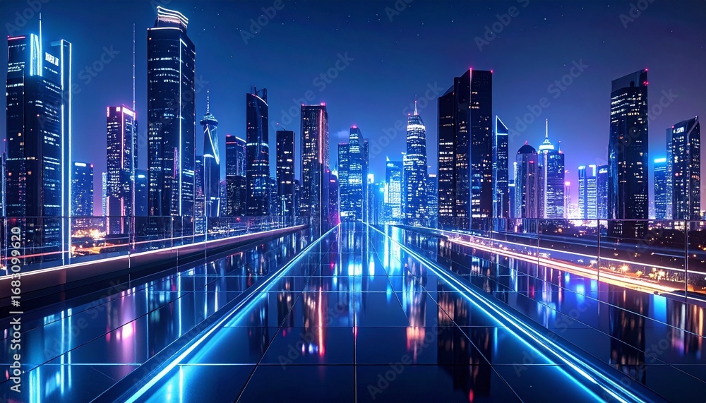 Fototapeta premium A sleek metallic city skyline with glowing neon pathways and geometric architecture under a crystal-clear night sky, sharp reflections on glass surfaces