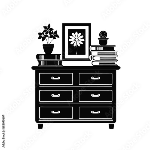 Vector of a black and white icon of a dresser with three drawers on white background.